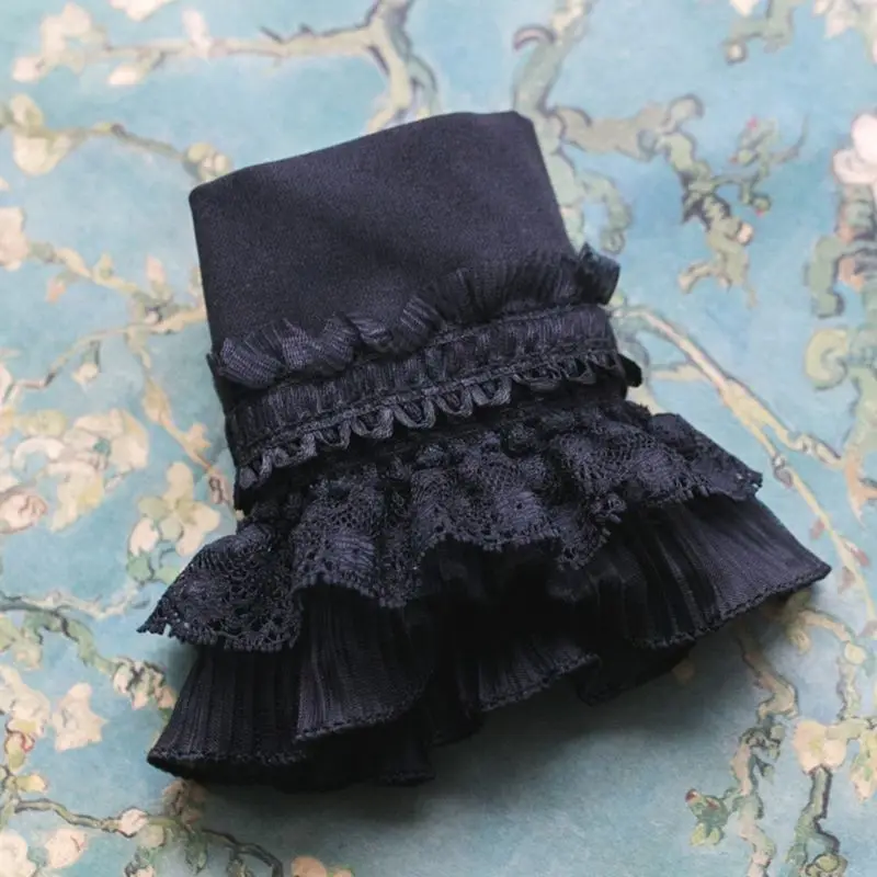 Gothic Retro Black Detachable Sleeve Fake Cuffs Multi Layer Ruffles Lace Patchwork Lolita Princess Sweater Decorative