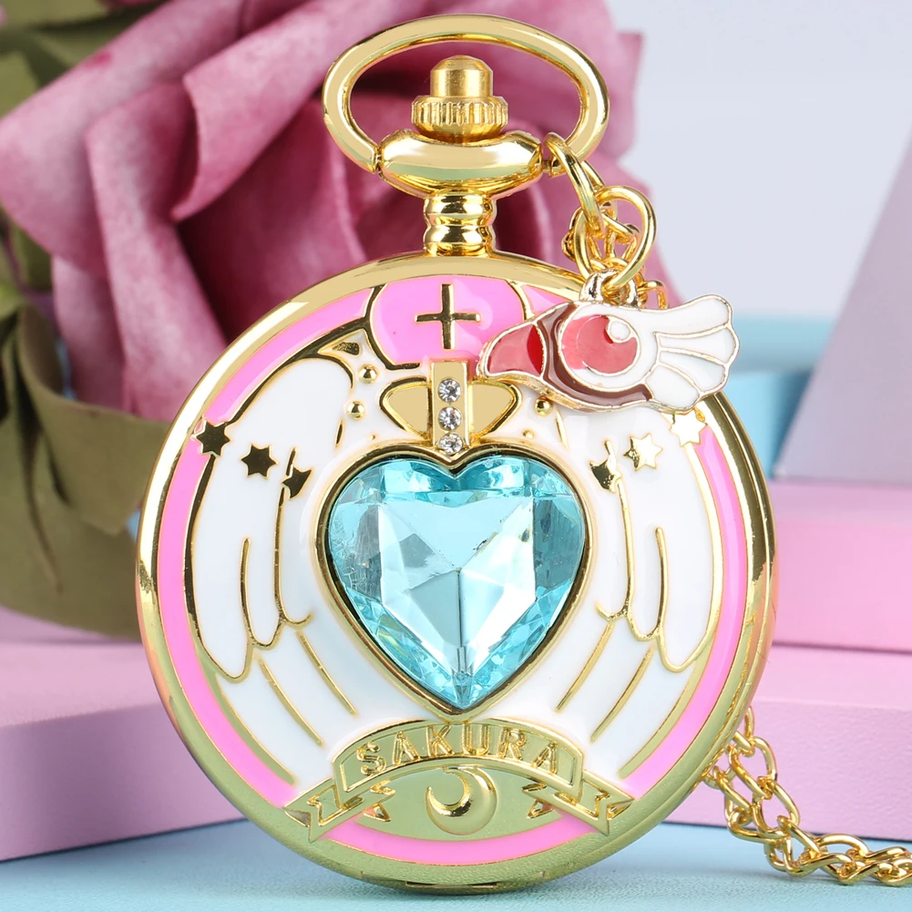 Luxury Gold Heart-shaped Gem Quartz Pocket Watch with Cardcaptor Sakura Accessory Pendant Necklace Chain Steampunk Women Gifts
