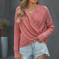 Spring Autumn Polyester Women's Sweater V-Neck Long Sleeve Pullover Knitted Solid Fashion Casual Sweater