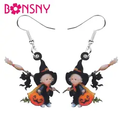 Bonsny-ハロウィーン用のアクリルほうきの帽子,魔女のカボチャのイヤリング,黒い猫のイヤリング,ドロップペンダント,装飾ジュエリー,女性の女の子と10代のパーティーギフト