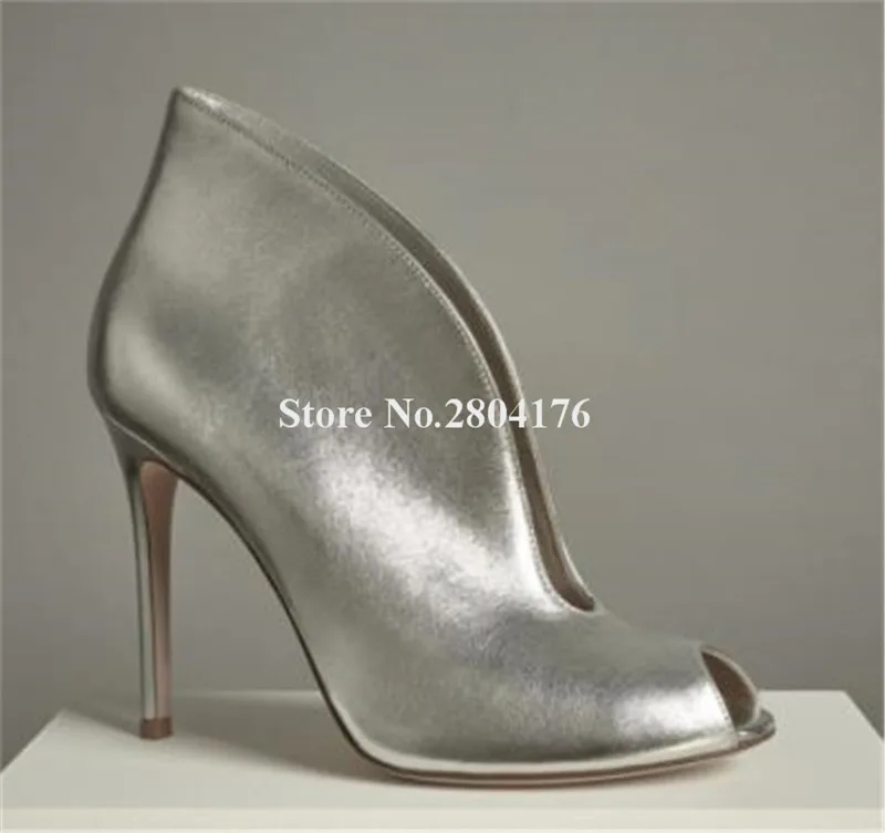 Women Fashion Peep Toe V-cut Stiletto Heel Short Boots Slip-on Silver Black Red High Heel Ankle Booties Party Dress Heels