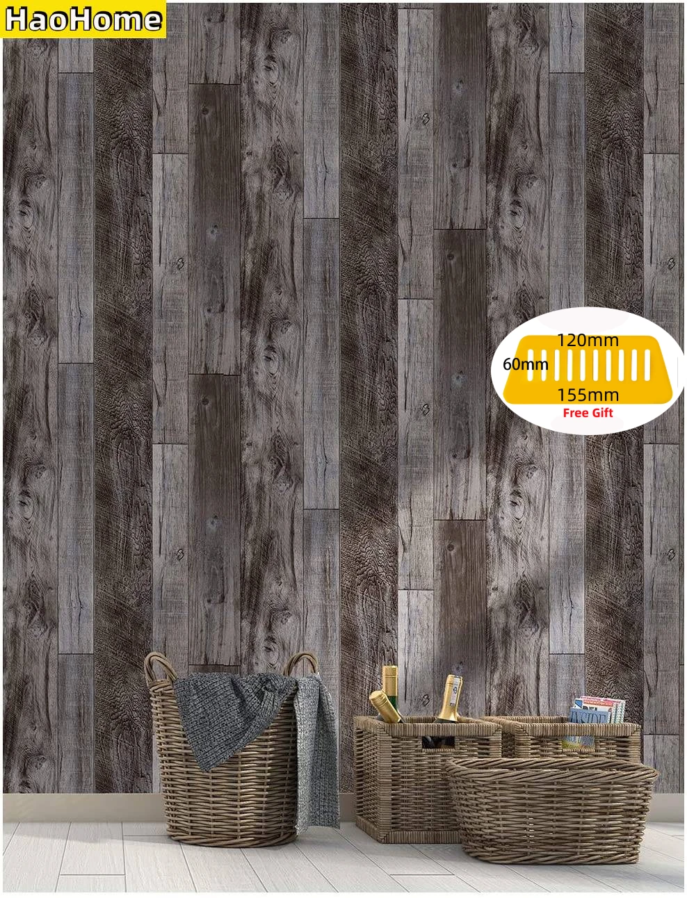 HaoHome Peel and Stick Wood Plank Wallpaper Taupe Vinyl Self-Adhesive Faux Wood Contact Paper For Home Decor