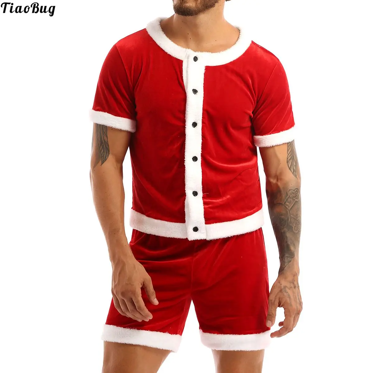 TiaoBug Men Soft Velvet Christmas Party Costume Fancy Dress Outfit White Trim Round Neck Short Sleeve Button Down Top And Shorts