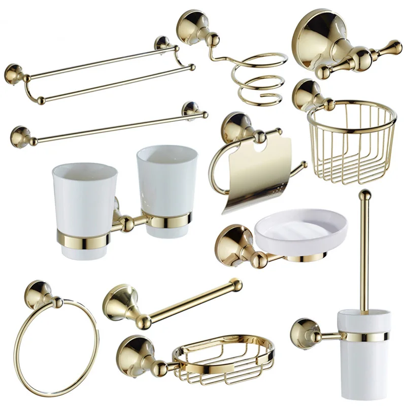 

Luxury Gold Bathroom Accessories Brass Towel Shelf Toilet Paper Holder Soap Holder Towel Rack Tumble Holder