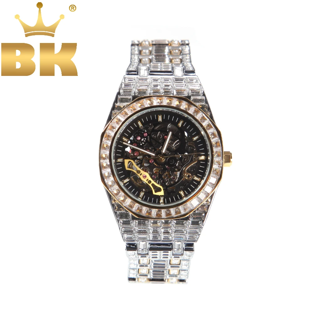 THE BLING KING Stainless Steel Mechanical Watch Iced Out Minimalist Square Diamond Wrist Double Color Watches For Men