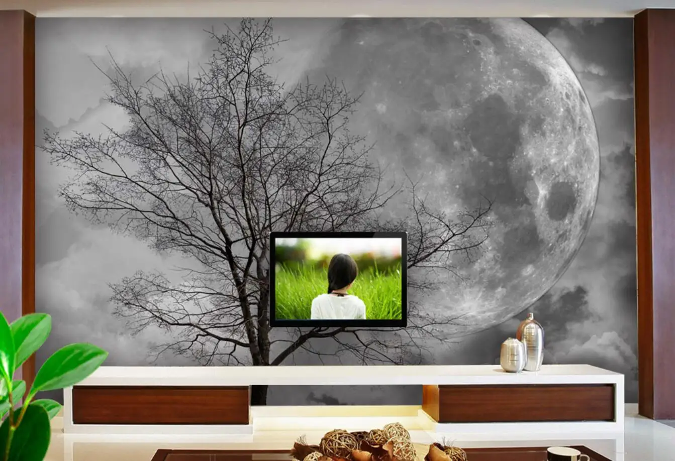 

Custom wallpaper moon branches house background wall painting home decoration black and white tree night view 3d wallpaper mural