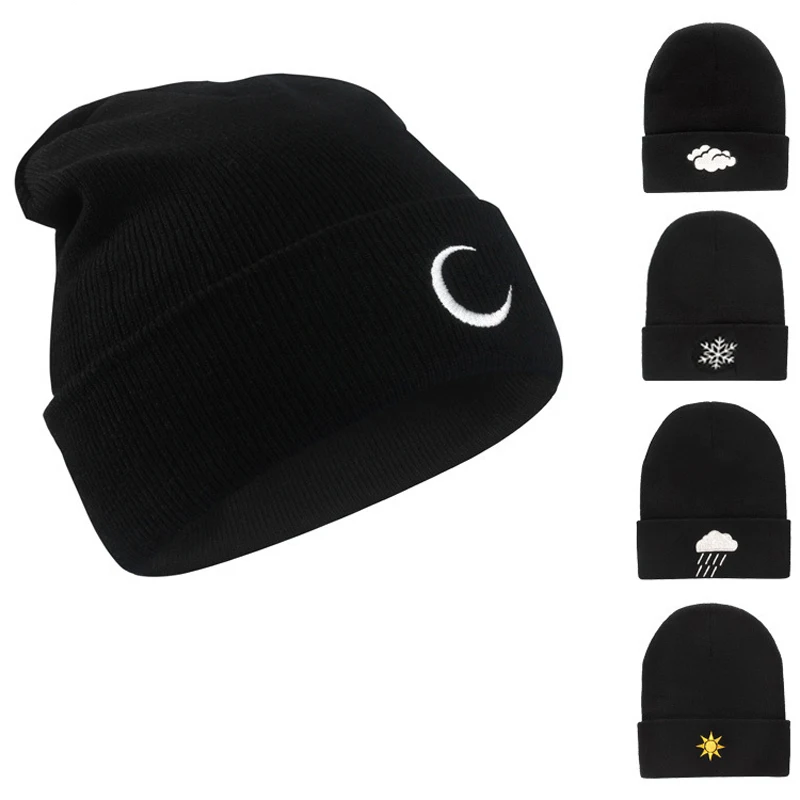 Winter Hip Hop Hat Knitted Hat Creative Beanies Weather Embroidery Knit Skullies Caps Sun Moon Snowflake Cloud Korean Black Hats