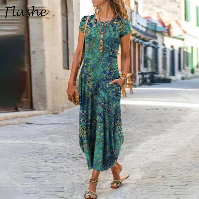 New Vintage Party Dresses For Women Floral Print Short Sleeve Summer Dress Women Sundress Pocket Beach Long Dress Boho