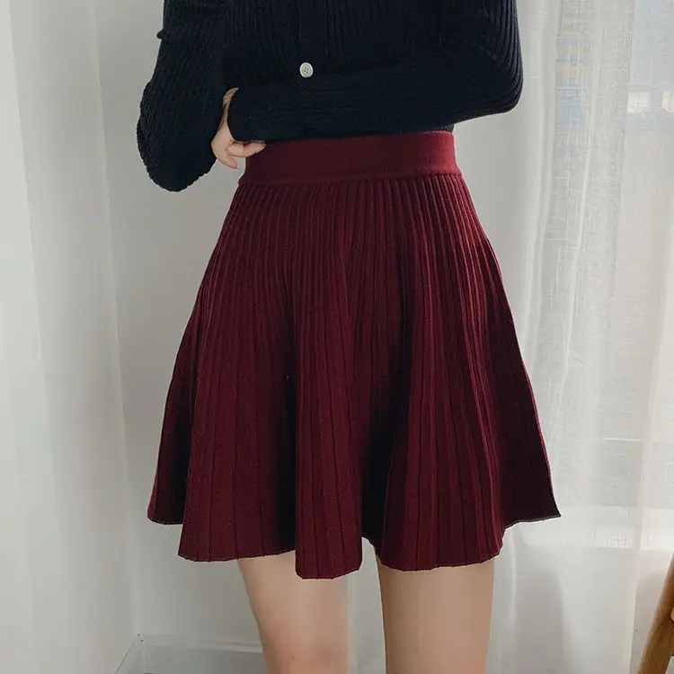 

Women's Knitted Autumn and Winter Short High Waist Black A- line Dress Skirt