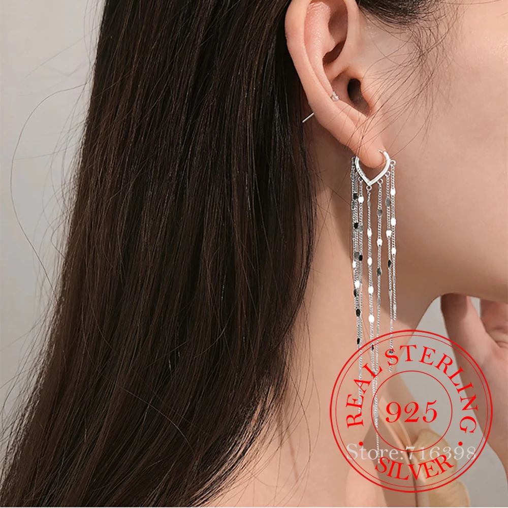 925 Sterling Silver Light Luxury Long Tassel Hoop Earrings Female Temperament Love Heart Gorgeous Handmade Jewelry Wedding Gift