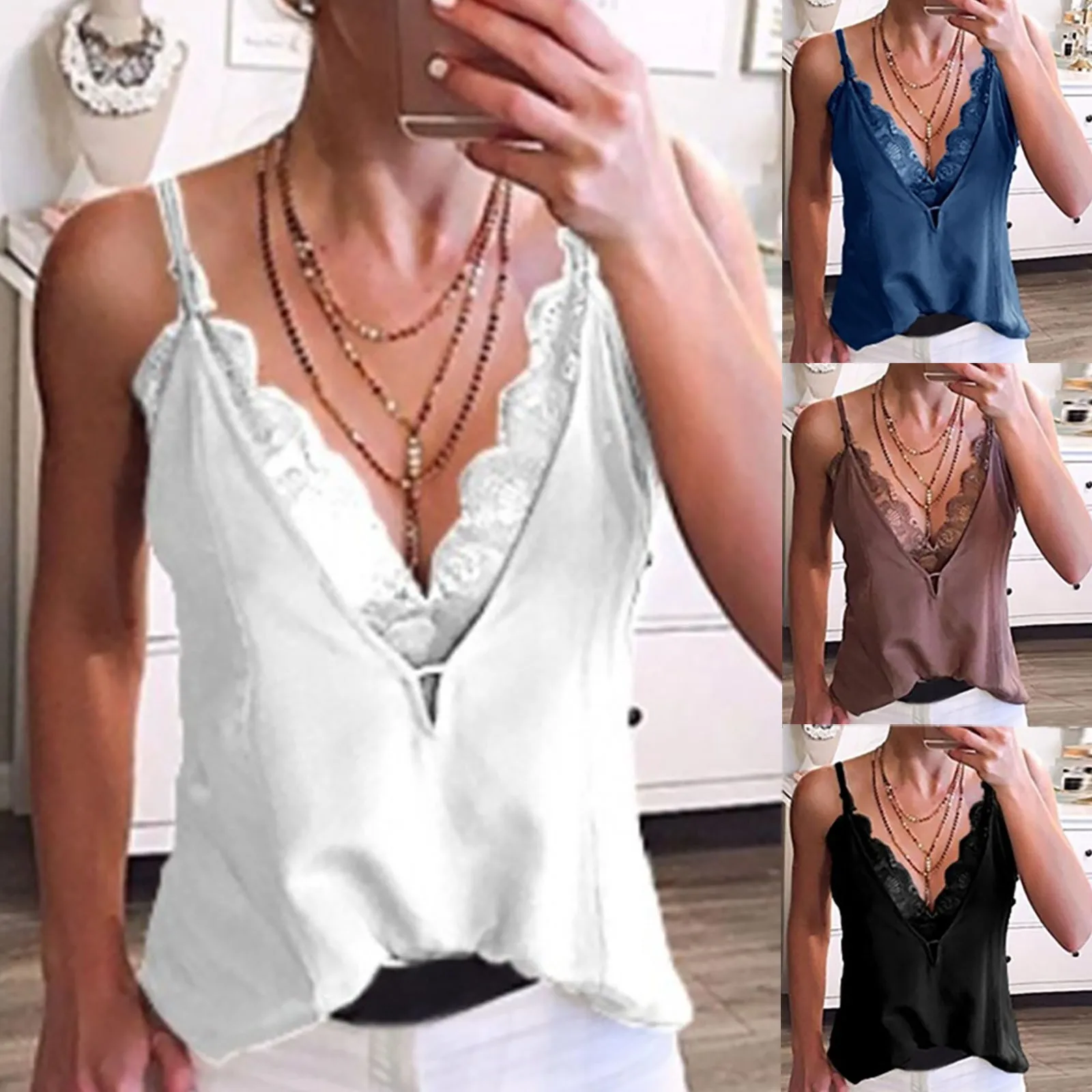 V Neck Shirt Lace Patchwork Strappy Top Women Sexy Deep Casual Vest Shirt Sleeveless Camisole Tops Casual Camis Vest Tops 2021