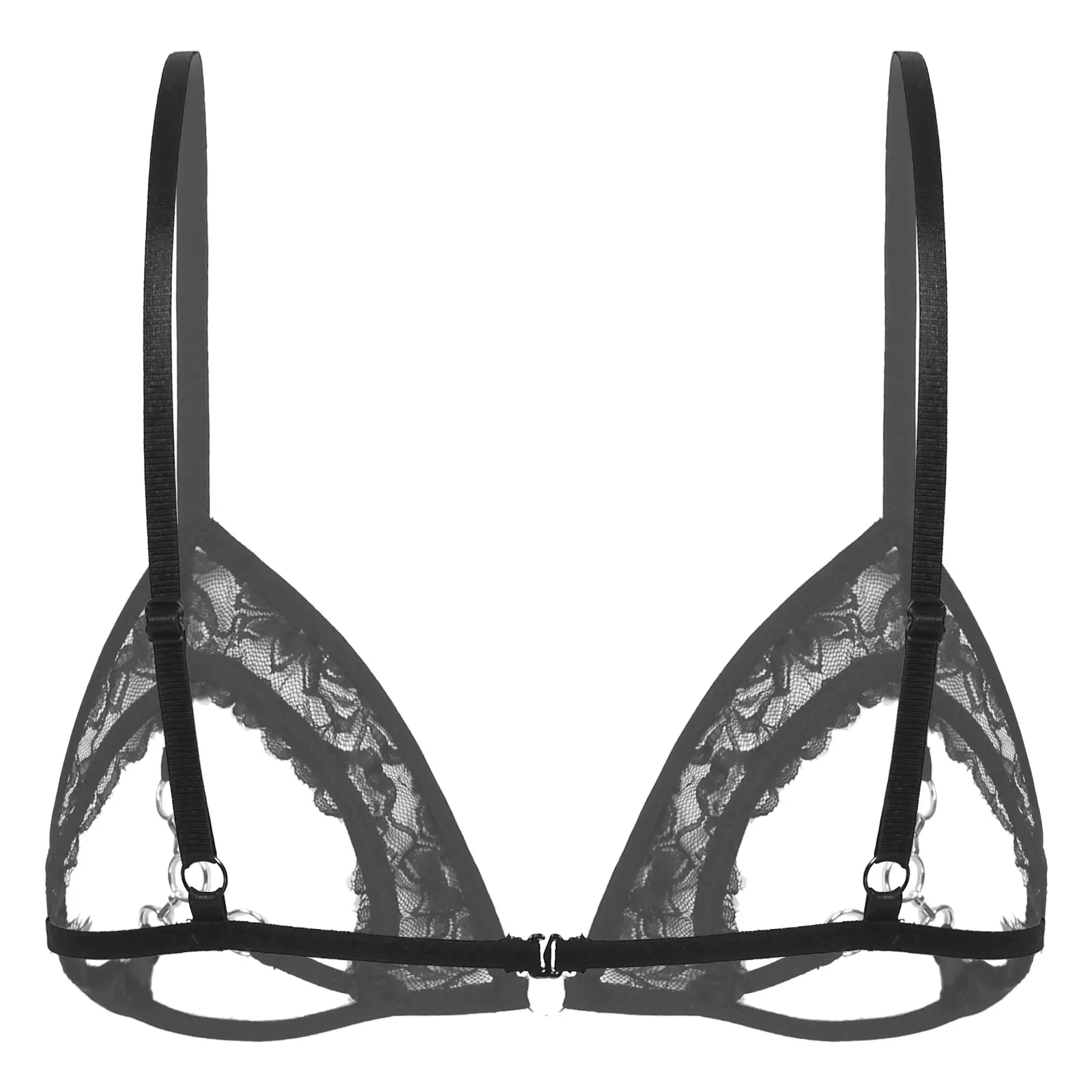 Womens Lingerie Erotic Bras Open Cup See Through Sheer Lace Bra Top Brassiere with Metal Rings Linked at Bust Bralette Underwear