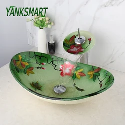 YANKSMART Oval Tempered Glass Hand Painted Waterfall Spout Basin Sink Tap Bathroom Sink Wash Basin Bath Faucet Set Mixer Tap Set