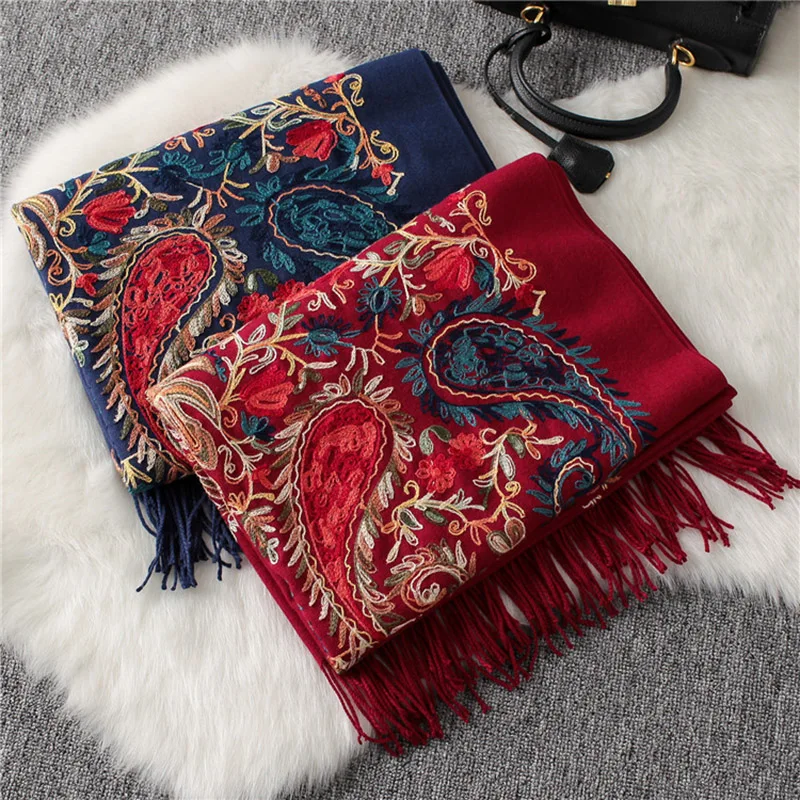 Women Foulard Elegant Embroidered Cashew Imitation Cashmere Winter Scarf Muslim Hijab Bandana Long Shawl Beautiful