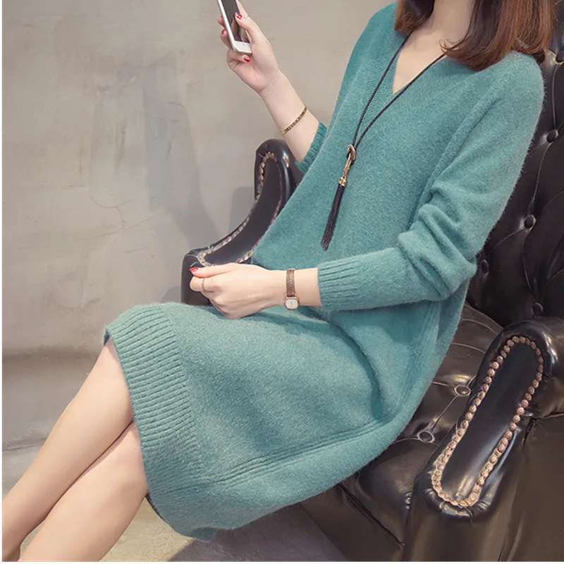 Autumn Winter Women Long Sweater 2023 New Loose V-Neck Long Sleeve Knit Pullover Clothes Lady Casual Femmes knit Dress