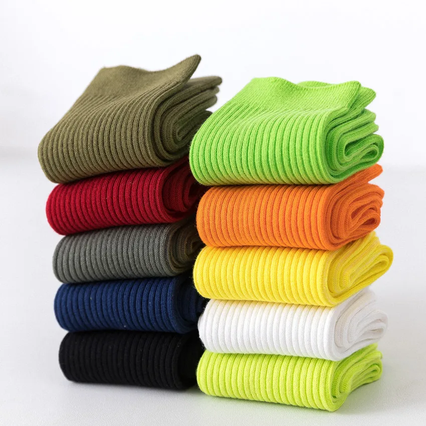 CHAOZHU Male Basic Cotton Casual Rib Stretch Socks Men High Quality Crew Long High Autumn Winter Casual Sox Neon Green Yellow