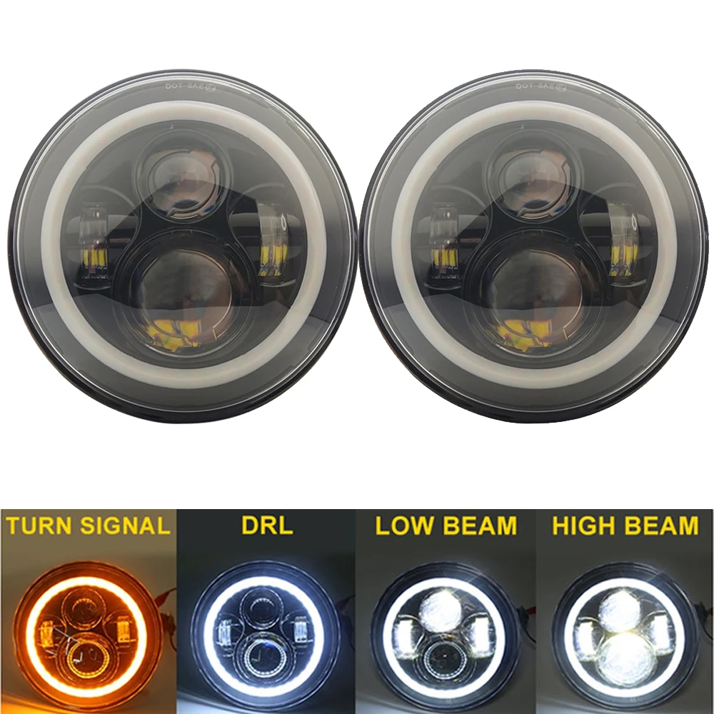 1Pair 7 Inch Led Headlight H4 DRL Round 7'' Headlights with Yellow & White Angel Eye 50W 30W for Jeep Wrangler Lada Niva 4x4