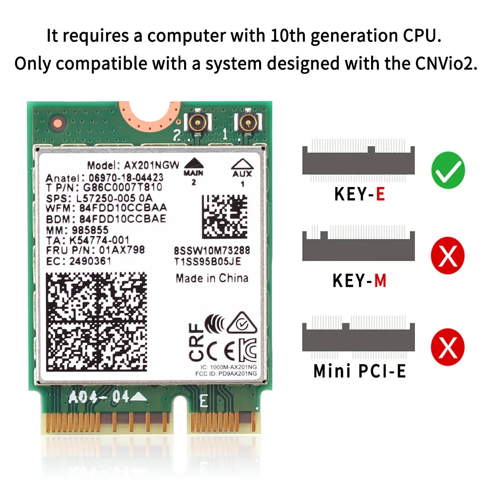 Wi-Fi 6 Intel AX201 M.2 Key E CNVio 2 karta Wifi dwuzakresowy 3000 mb/s bezprzewodowy dla Bluetooth 5.0 2.4Ghz/5Ghz 1/802 ac/ax AX201NGW