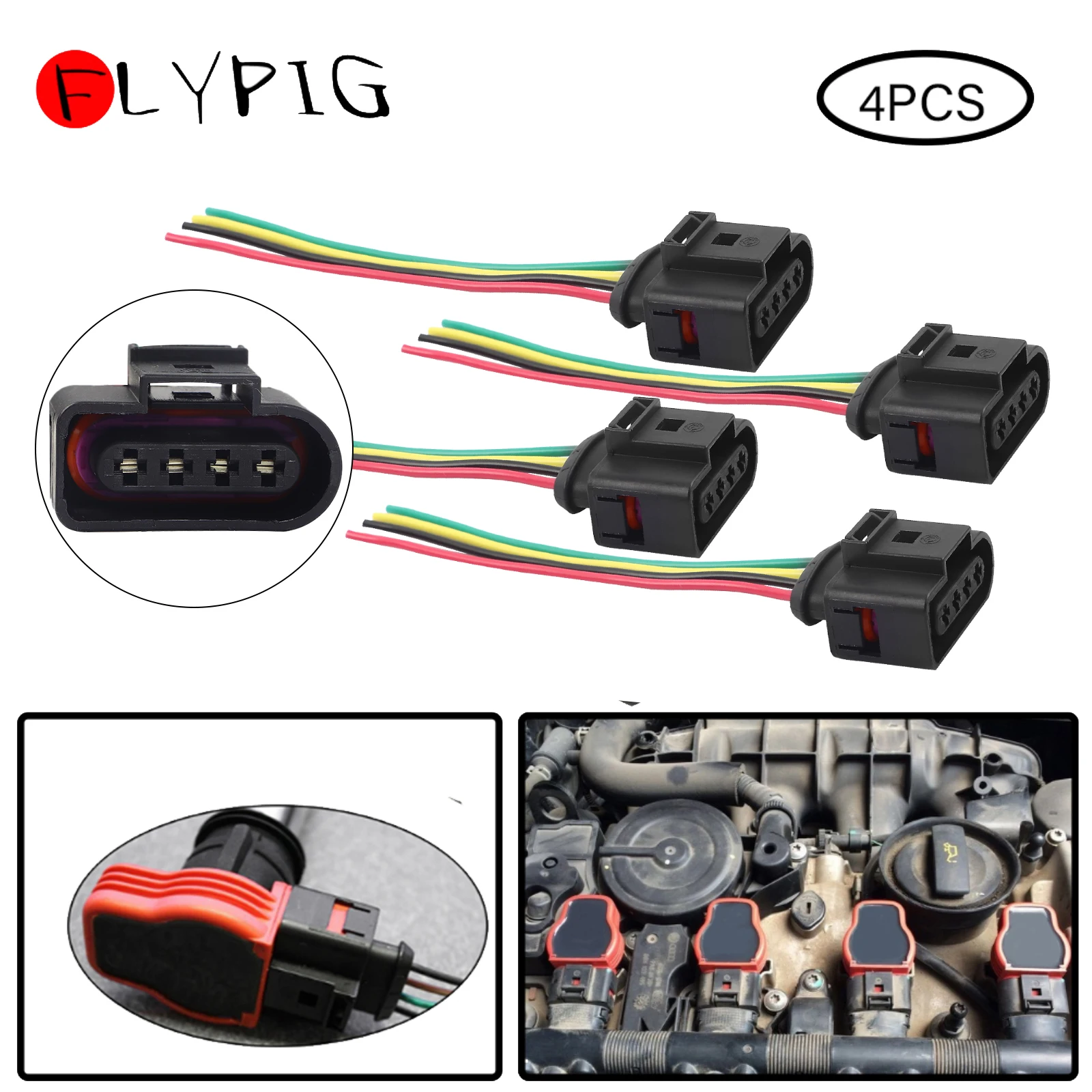 4Pin Ignition Coil Connector Wire Harness Plug for Audi A3 A4 A5 A6 A8 Q5 Q7 R8 S4 S5 S6 VW SKODA SEAT FORD 1J0973724 1J0998724