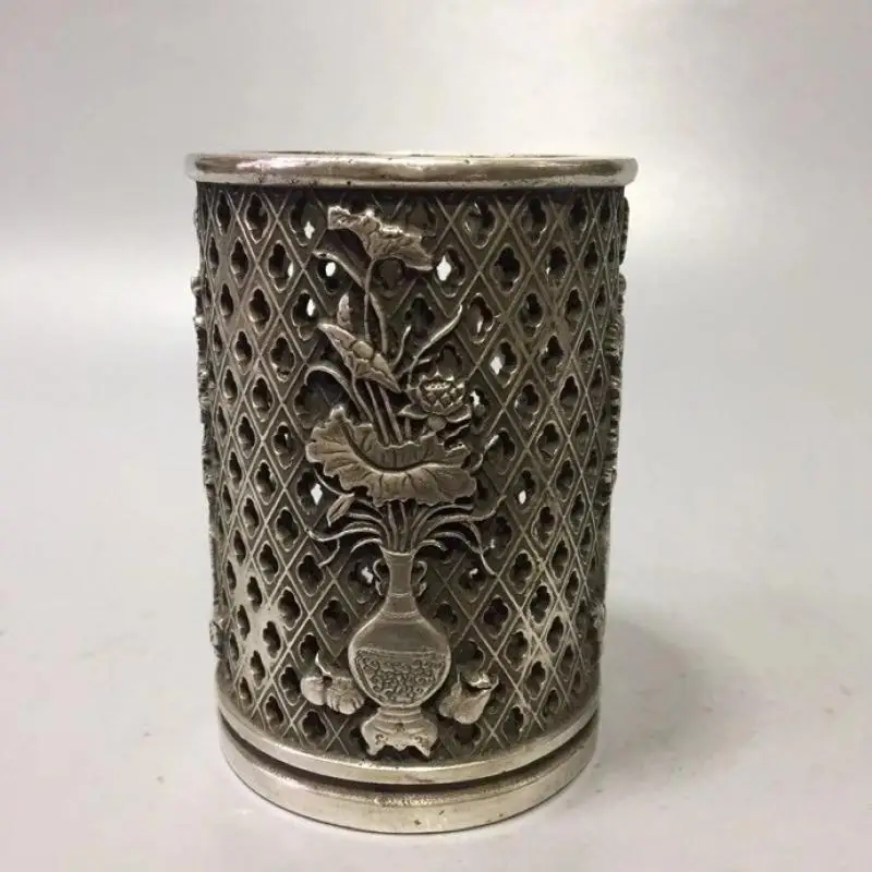 Cupronickel white copper Carving Hollowed out plum, orchid, bamboo and chrysanthemum pen holder pen container Study ornaments