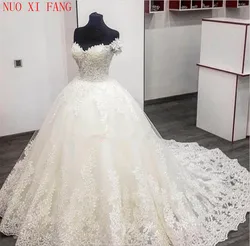 Dostosowana suknia ślubna z odkrytymi ramionami Vestido De Noiva Sweep Train Plus Size Suknia ślubna Koronkowe aplikacje robe de mariée