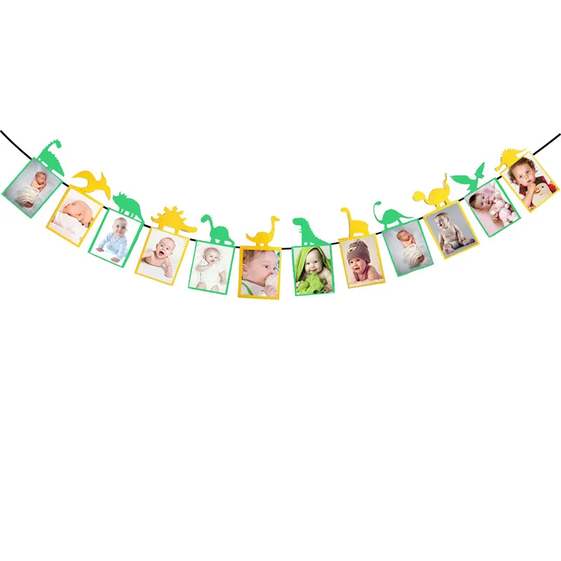 1Set Dinosaur Photo Banner Balloon Happy Birthday Cake Topper 12 Month Banner Party Baby Shower First Birthday Decoration