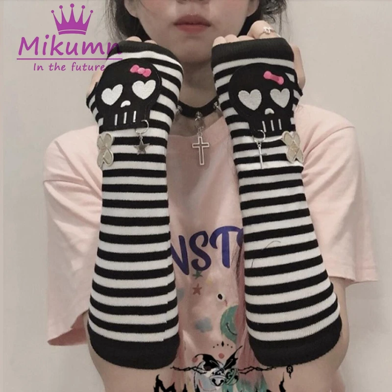 Harajuku Y2k Punk Women Long Fingerless Gloves Gothic Fashion Skull Striped Long Arm Gloves Warmer Knitted Mittens