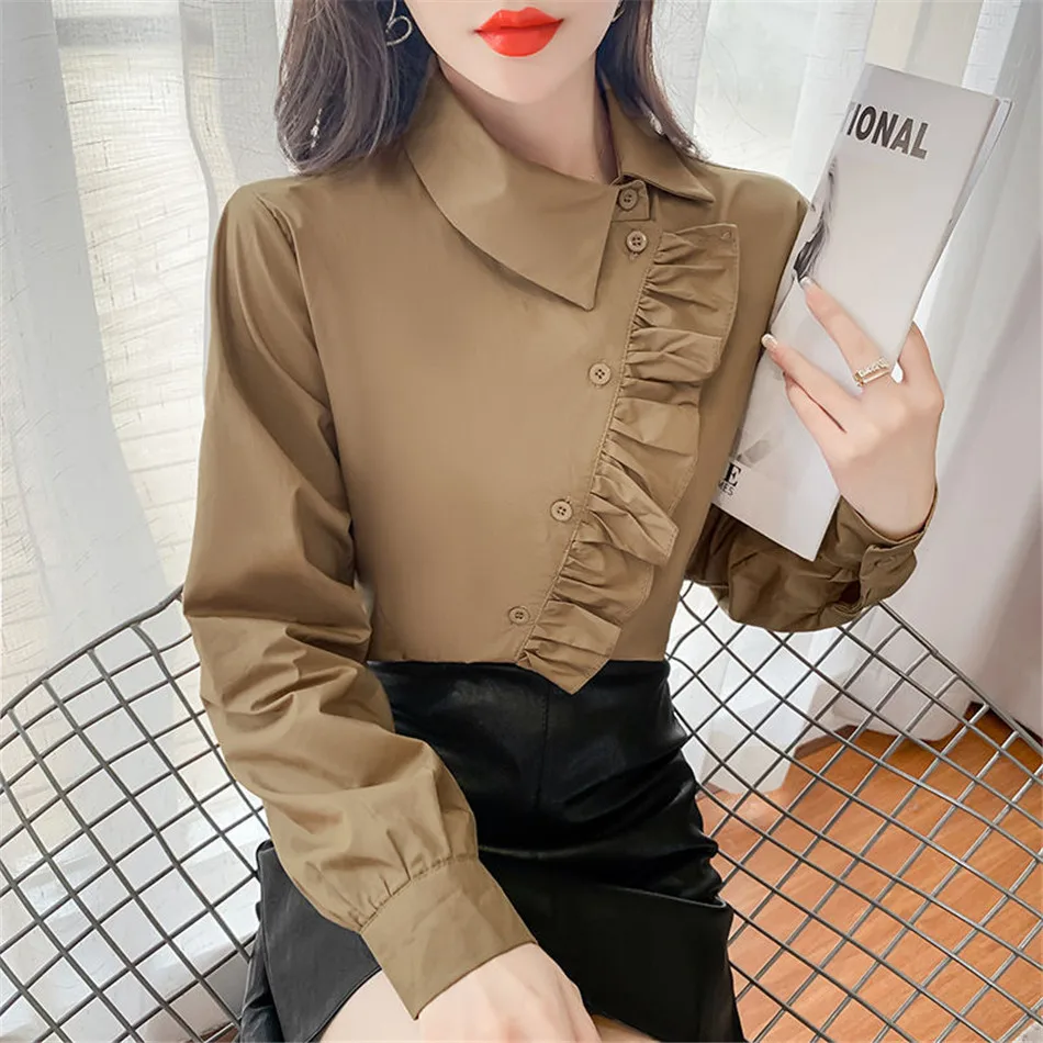 

Spring Autumn Women Solid Color Shirts Vintage Temperament Polo-Neck Long Sleeve Oblique Placket Top Blusas MM1311