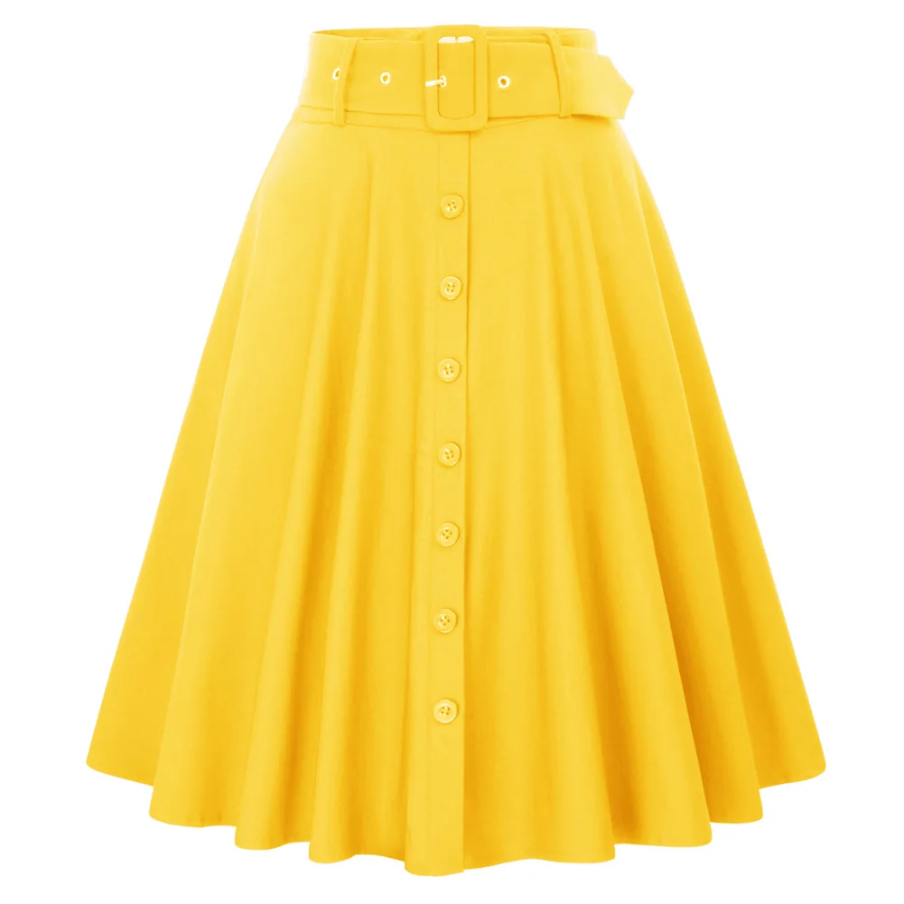 Party Skirt Ladies Skater Solid Swing Retro Womens With belt A-line Buttons Formal Cocktail