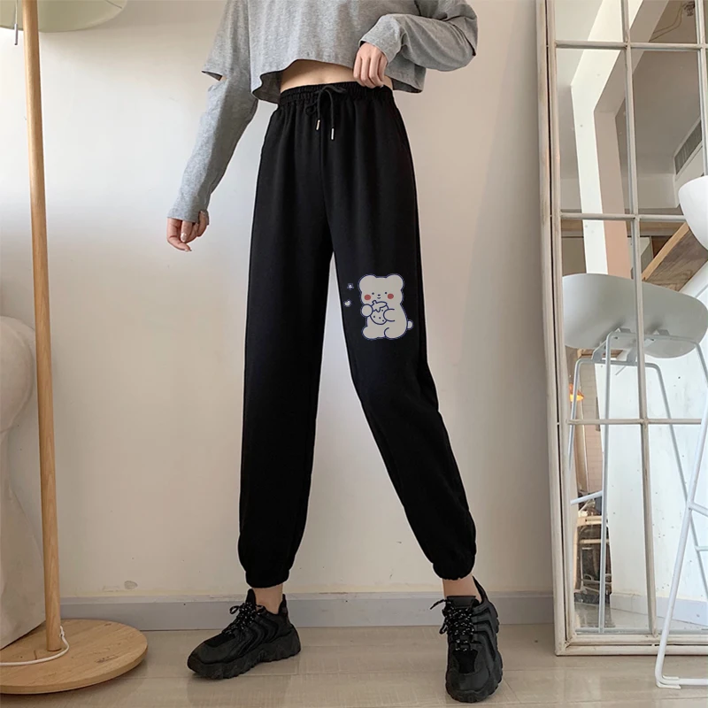 

Korean Style Drawstring Sweatpants Cartoon Bear Print Harajuku Trousers Streetwear Autumn Womens Fashion S-xl Black Pants CDJLFH