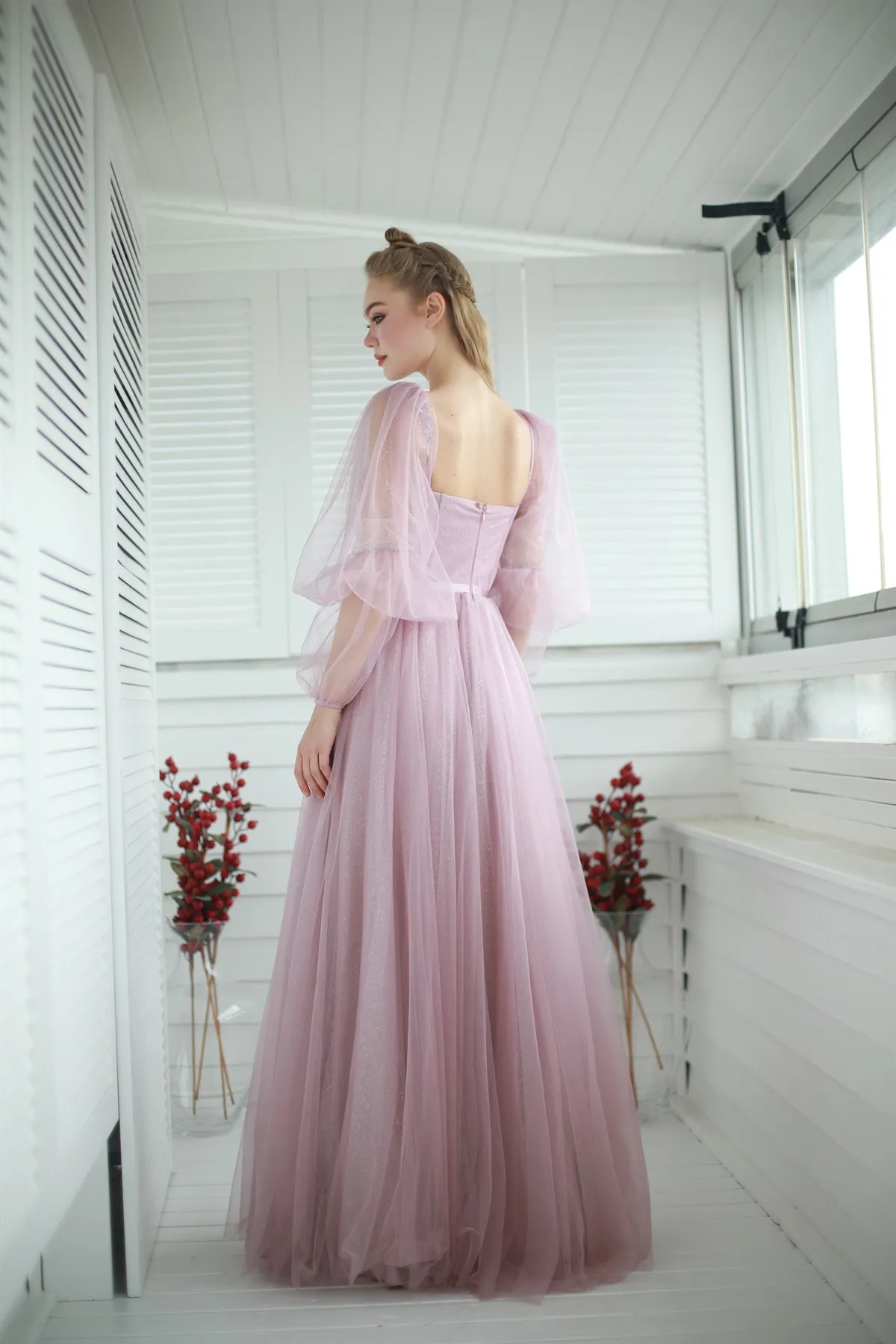 Eeqasn Blush Pink Glitter Tulle Beach Evening Party Dresses Lace Full Sleeves Prom Gowns Formal Women Event GownsCelebrity Dress