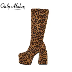 Onlymaker Winter Women Leopard Warm Boots Platform Round Toe Zipper Concise Classic Thick High Heels Party Fashion Dress Boots