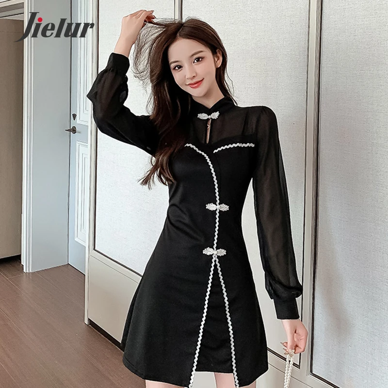 Jielur Korean Fashion Women's Dresses Mesh Patchwork Chinese Cheongsam Long-sleeved High Waist Autumn Black Dress Lady S-XL