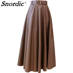 2021 Women Autumn High Waist PU Long Umbrella Skirt Sashes A-line Midi Pleat Skirts Office Lady