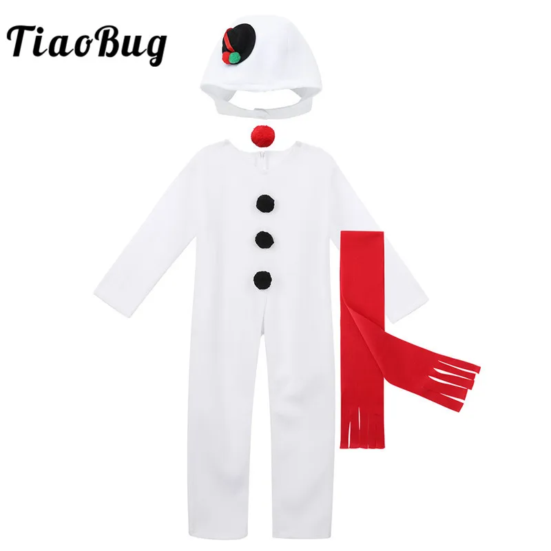 

Unisex Kids Boys Girls Christmas Snowman Fancy Dress Costume Outfit White Long Sleeve Jumpsuit with Hat Red Nose Scarf Set