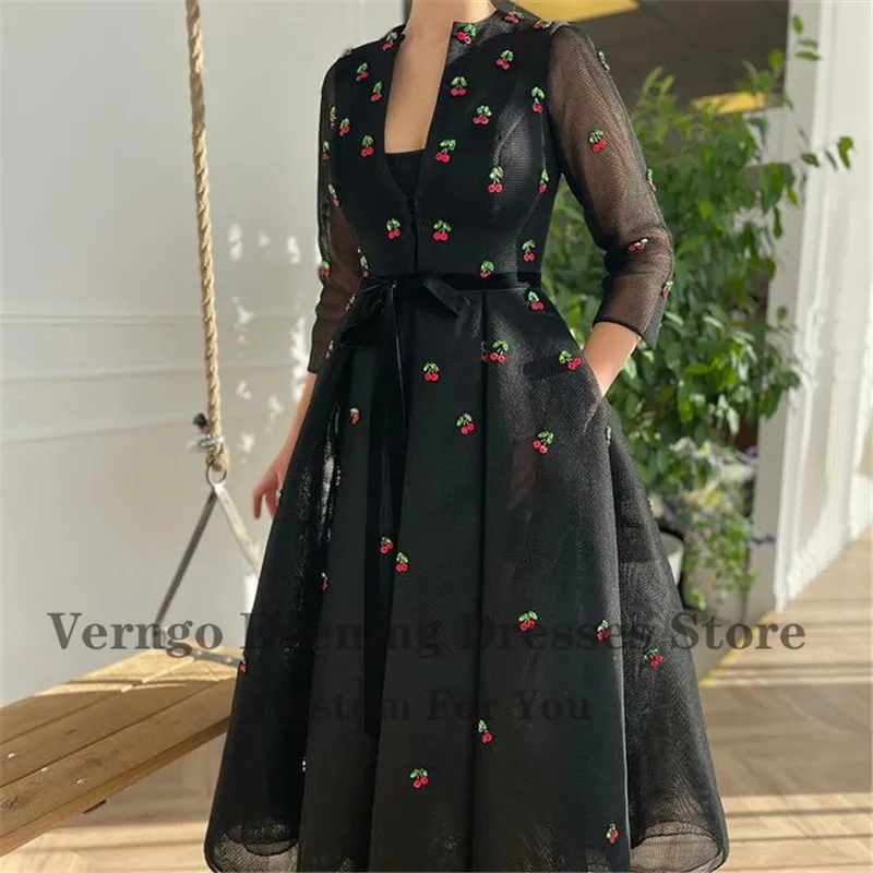 Verngo Modest Black 2/3 Long Sleeves Evening Dresses A Line Square Neck Tea Length Prom Gowns 2021 Spring Women Casual Cloth