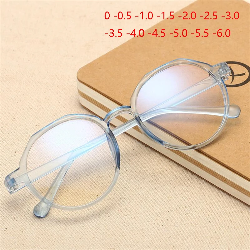 Transparent Blue Frame Student Finsihed Myopia Glasses Unisex Retro Round Short-sighted Eyeglasses Diopter 0 -0.5 -1.0 To -6.0