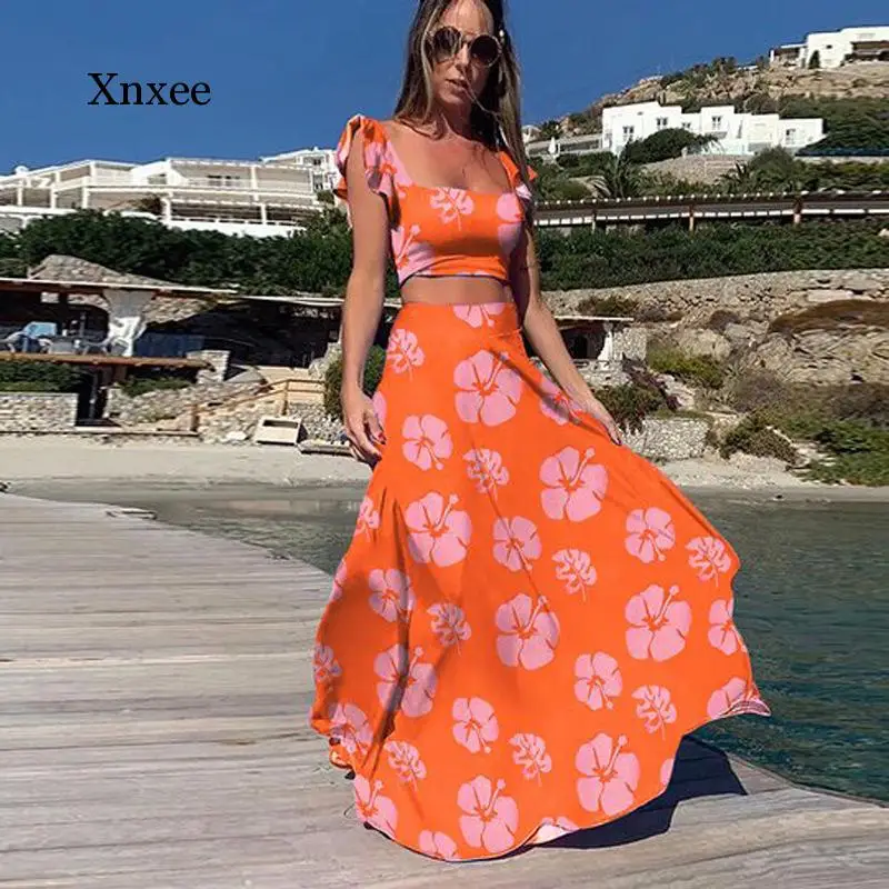 Summer 2 Piece Set Women Printed Boho Sexy Beach Dresses Set Crop Top High Waist Long Skirt Set  Maxi Matching Sets