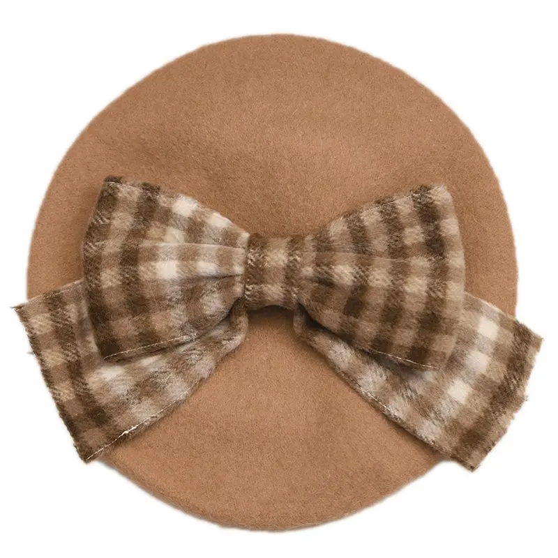 Kawaii Beret Hat Lolita Teenage heart Sweet Woolen Handmade Cute Plaid Bowknot Warm Autumn Winter Painter Hat Headdress