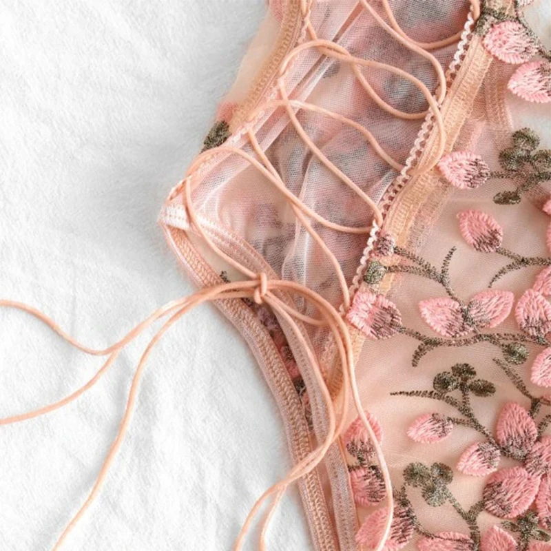 Women Teddy Lingerie Sexy Underwear Erotic Corset Lace Mesh Sleepwear Nightwear Embroidered Strap One-Piece Pajamas