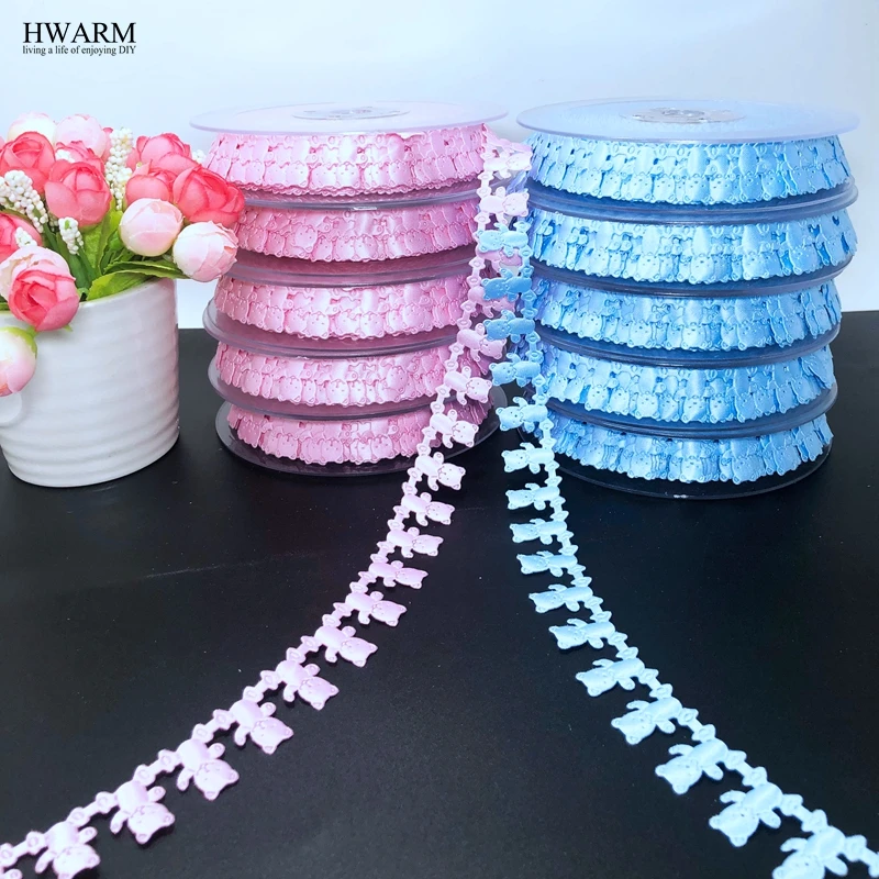 2pcs 2cm baby shower lace fabric ribbon DIY blue pink boy girl ultrasonic embossed bear polyester belt hand baby birthday party