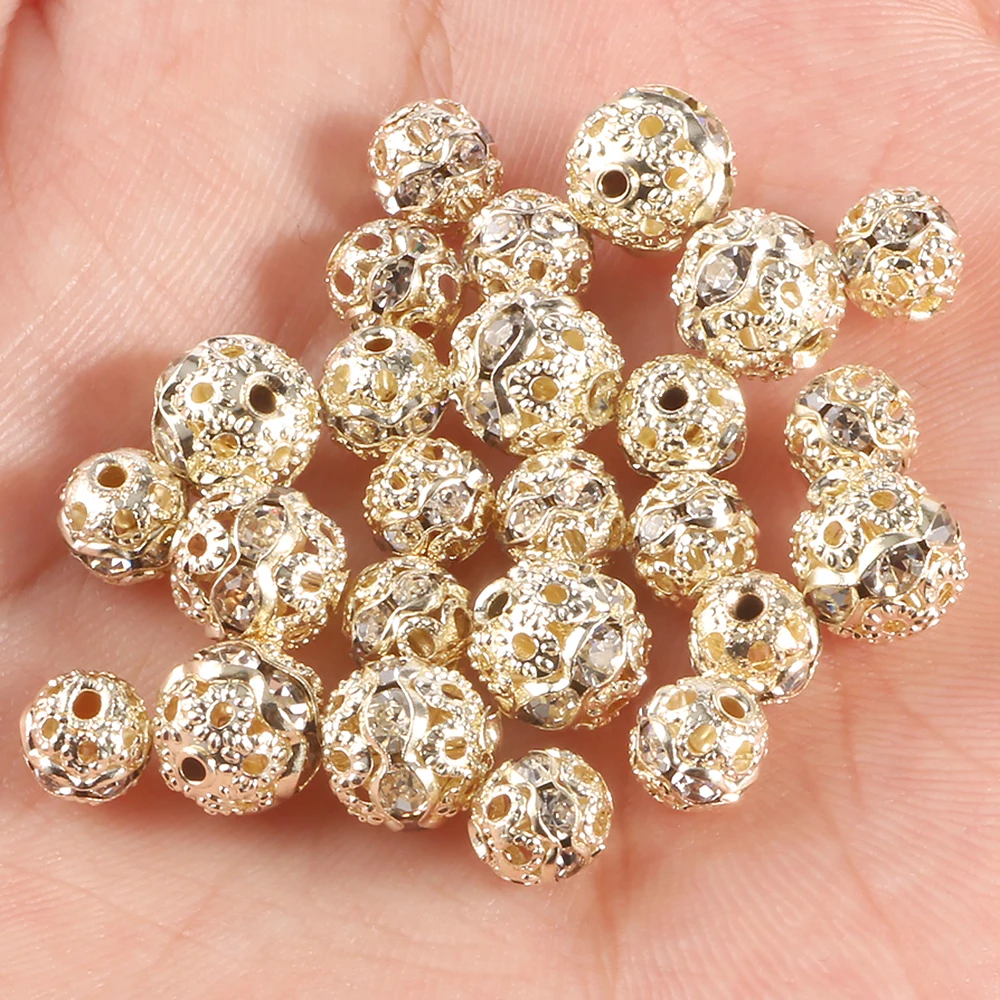 50pcs Light Gold Color Rhinestone Balls Crystal Loose Spacer Round Beads for Jewelry Making DIY Bracelet Accessory 6/8mm Finding