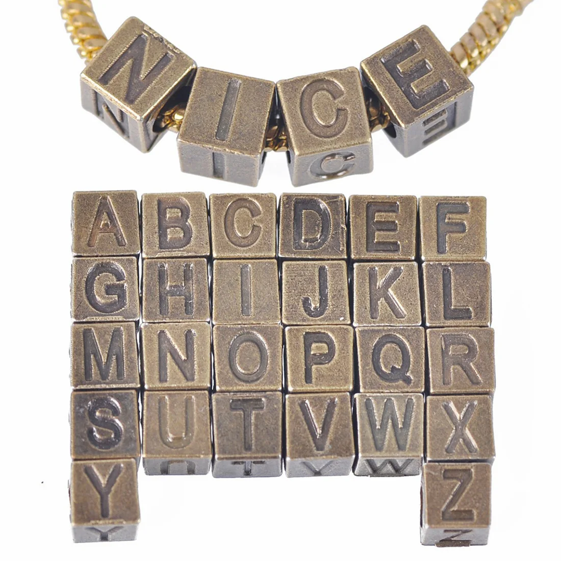 20pcs Antique Bronze 7mm Cube Letter Alphabet ZAKKA Metal Loose Charms Big Hole Beads for Jewelry Making DIY Bracelet Findings