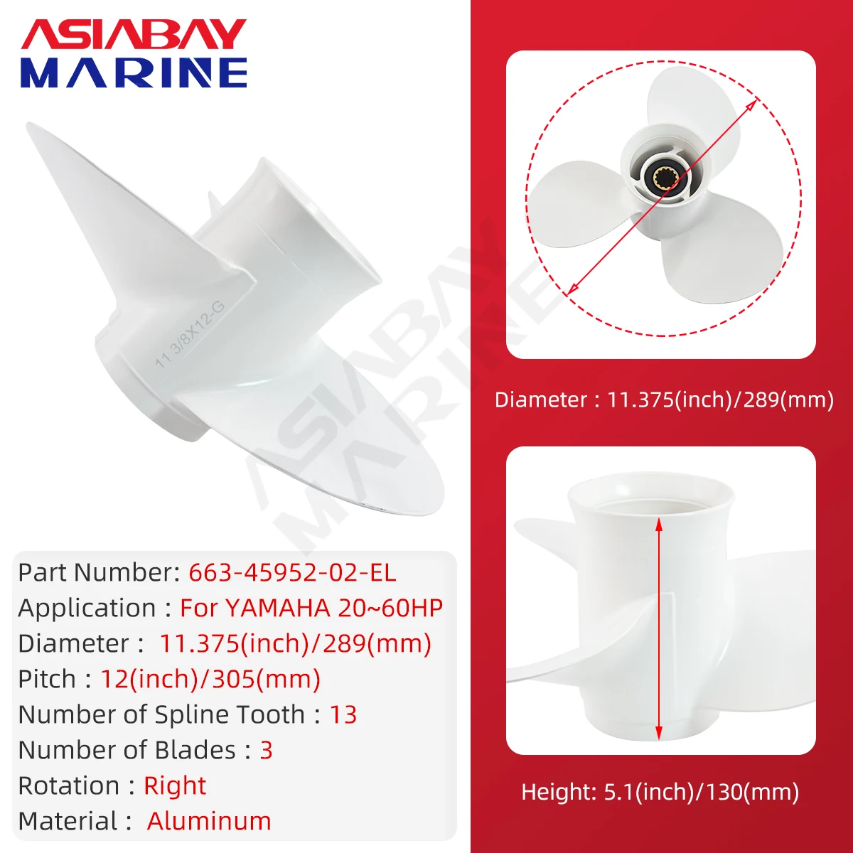 Outboard Propeller For Yamaha 20hp 25hp 30hp 40hp 48hp 50hp 60hp 11 3/8*12 Aluminum Alloy Screw Marine Engine  3 Blade 13 Spline