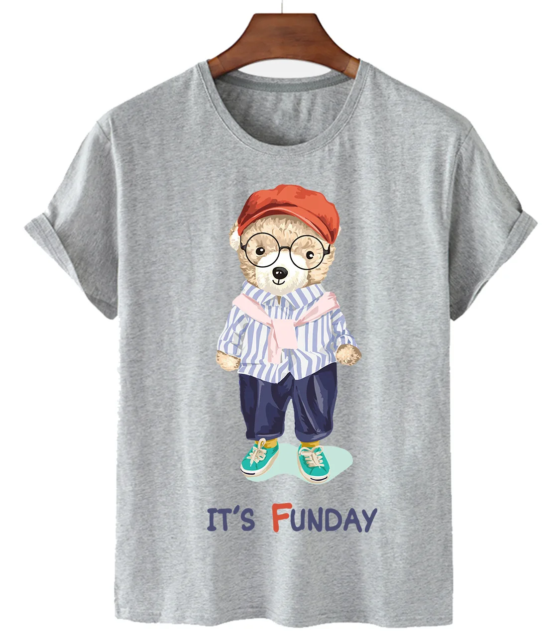 Pure Cotton Sports Gentleman Bear Print Short-sleeved O-neck Loose Casual Top T-shirt Female Oversized T-shirt Half Sleeve S-3XL