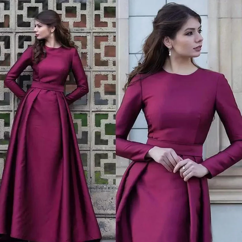 

Modern Simple Purple Party Gowns A Line Long Sleeve Mother of the Bride Dresses Satin Round Neck Wedding Gowns vestidos de noite