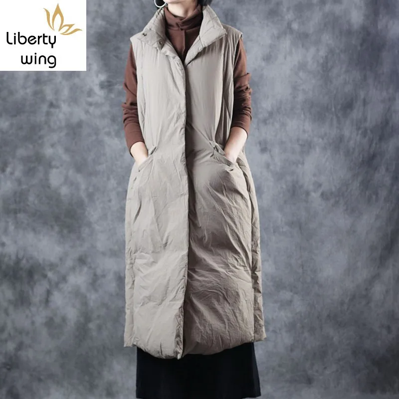 

Fashion Warm Long Women Winter Loose White Duck Down Vest OL Style Lady Single Breasted Thicken Sleeveless Jacket