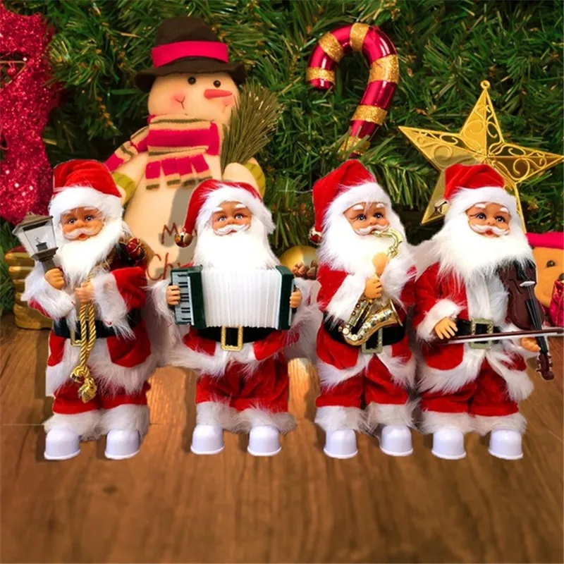 Hadiah natal mode baru 30cm elektrik Santa Claus dengan instrumen musik ornamen dekorasi boneka mewah mainan anak-anak