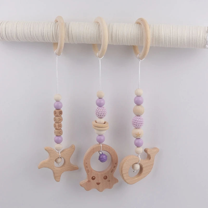 3 Pcs/Set Baby Play Gym Frame Stroller Hanging Pendants Wooden Ring Teether Molar Teething Nursing Rattle Toys Gifts Infant Room