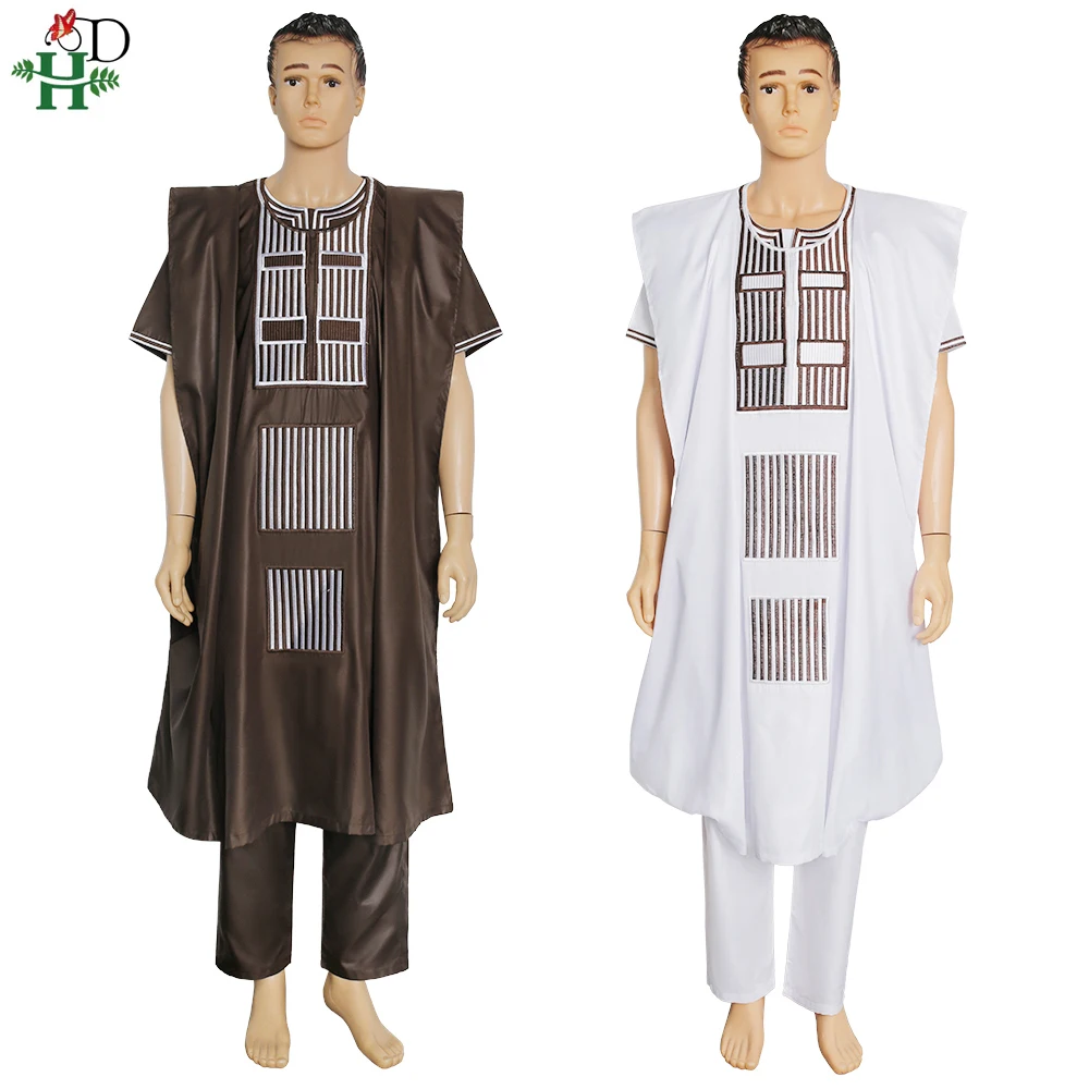 H&D 2022 African Boubou Men Agbada 3 pieces Set Dashiki Mens Shirt Pants Suit Embroidered Clothes Wedding Tops Pants Suit PH3058